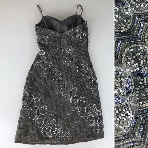 SCALA Sequin Beaded Embellished Chain Metallic Strapless Cocktail Prom Dress 0 - Picture 6 of 10